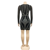 Sexy Hot Drilling Mesh Long Sleeve Club Dress BY-5846