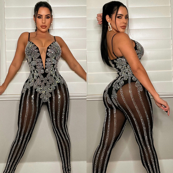 Sexy Hot Drilling Mesh Night Club Jumpsuit BY-5866