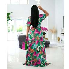 Floral Print V Neck Short Sleeve High Waist Maxi Dress MIL-L328