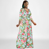 Plus Size Floral Print V Neck 3/4 Sleeve Sashes Maxi Dress OSIF-22421