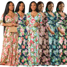 Plus Size Floral Print V Neck 3/4 Sleeve Sashes Maxi Dress OSIF-22421