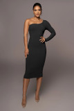 Solid One Shoulder Long Sleeve Slim Midi Dress MZ-2758