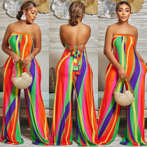 Colorful Striped Strapless Off Shoulder Jumpsuit TE-4454