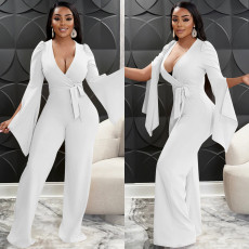 Solid V Neck Long Sleeve Jumpsuit BY-5863