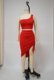 Solid One Shoulder Smocked Skirts Two Piece Sets YF-K10066