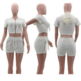 Solid Hooded Zipper Two Piece Shorts Sets TK-6249