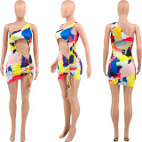 Sexy Printed One Shoulder Drawstring Hollow Mini Dress OY-6369
