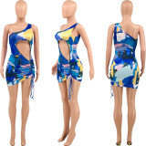 Sexy Printed One Shoulder Drawstring Hollow Mini Dress OY-6369