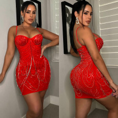 Sexy Hot Drilling Spaghetti Strap Night Club Dress BY-5868
