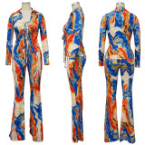 Tie Dye Print Long Sleeve Lace-Up 2 Piece Pants Sets YF-10169