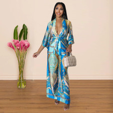 Casual Printed Sashes Top Wide Leg Pants 2 Piece Sets YF-10171