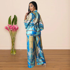 Casual Printed Sashes Top Wide Leg Pants 2 Piece Sets YF-10171