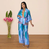 Casual Printed Sashes Top Wide Leg Pants 2 Piece Sets YF-10171