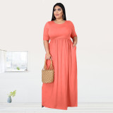 Plus Size Solid Short Sleeve High Waist Maxi Dress OSIF-20768