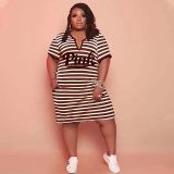 Plus Size Pink Letter Striped Short Sleeve Midi Dress FST-7280