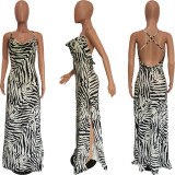 Zebra Stripe Print Cross Strap High Split Maxi Dress BGN-262