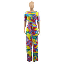 Casual Printed Short Sleeve Sashes Jumpsuit KYF-3145