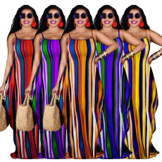 Colorful Striped Pocket Loose Sling Maxi Dress GWPF-8088