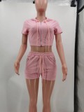 Solid Hooded Zipper Two Piece Shorts Sets TK-6249