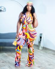 Plus Size Colorful Printed Backless Jumpsuit OM-1361