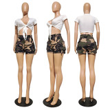 Fashion White Top Camo Cargo Pocket Shorts Two Piece Sets GDYF-6920