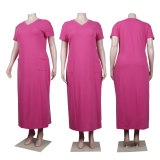 Plus Size Solid V Neck Short Sleeve Pockets Maxi Dress NY-2373