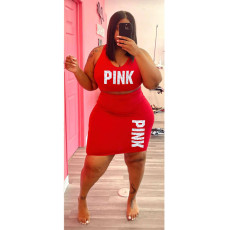 Pink Letter Print Tank Top And Skirt 2 Piece Sets YBSF-80066