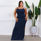 Plus Size Solid Split Sleeveless Sling Maxi Dress OSIF-22263