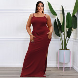 Plus Size Solid Split Sleeveless Sling Maxi Dress OSIF-22263