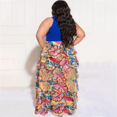 Plus Size Tank Top+Printed Irregular Skirt 2 Piece Sets NNWF-7595