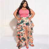 Plus Size Tank Top+Printed Irregular Skirt 2 Piece Sets NNWF-7595