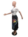 Butterfly Print Pleated Long Skirt (Without Top)OMY-81034