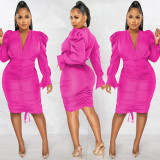 Solid Long Sleeve V Neck Ruched Bodycon Dress BY-5893