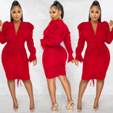 Solid Long Sleeve V Neck Ruched Bodycon Dress BY-5893