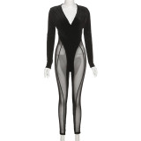 Sexy Patchwork Long Sleeve Jumpsuit (With Gloves)YF-10187