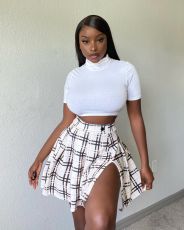 Sexy Plaid High Waist Split Pleated Mini Skirt QCYF-7091