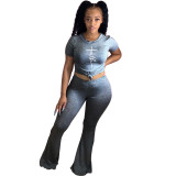 Plus Size Letter Print T Shirt Flared Pants 2 Piece Sets YH-5271