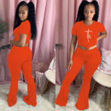 Plus Size Letter Print T Shirt Flared Pants 2 Piece Sets YH-5271