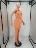 Plus Size Striped Sleeveless Vest Coat+Pants 2 Piece Sets YIM-265
