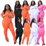 Plus Size Solid Long Sleeve Ruched 2 Piece Pants Sets LFDF-90057