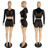 Sexy Mesh Striped Hooded Long Sleeve 2 Piece Shorts Sets YIS-E542