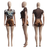 Plus Size Fashion Printed Tassel T-shirts Shorts Two Piece Sets HEJ-8155