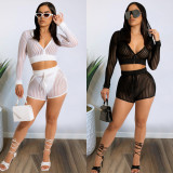 Sexy Mesh Striped Hooded Long Sleeve 2 Piece Shorts Sets YIS-E542