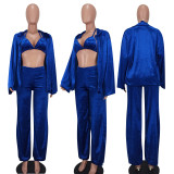 Solid Long Sleeve Coat+Bra Top+Pants 3 Piece Sets YD-8638