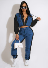 Denim Patchwork Hooded Two Piece Pants Sets MEM-88451