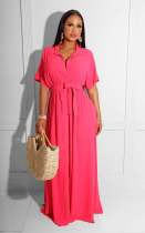 Solid Short Sleeve Sashes Maxi Dress MIL-L332