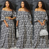 Sexy Printed Half Sleeve Slash Neck Maxi Dress (Without Belt) BY-5905