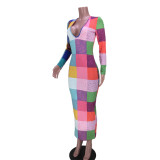Colorful Plaid Long Sleeve Slim Maxi Dress GZYF-8089
