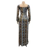Sexy Printed V Neck Long Sleeve Split Sashes Maxi Dress BY-5889