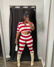 Casual Striped Crop Top And Pants 2 Piece Sets YD-8636